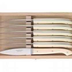 Coffret 6 couteaux steak « LE CAPUCIN » par C. DOZORME, 23 cm inox, manche méthacrylate crème