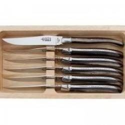 Coffret 6 couteaux table Laguiole G. DAVID, 23 cm, inox, manche façon corne noire