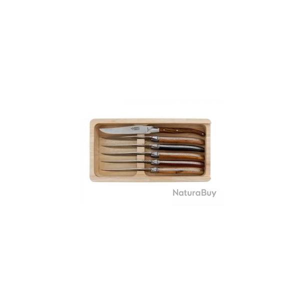 Coffret 6 couteaux table Laguiole G. DAVID, 23 cm, inox, manches bois assortis