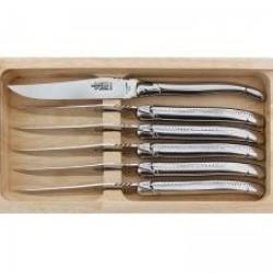 Coffret 6 couteaux table Laguiole G. DAVID, 23 cm, inox, plein manche inox brillant, guilloché.