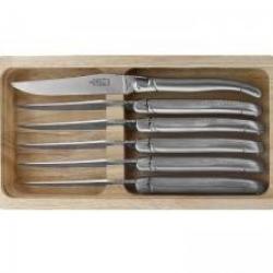 Coffret 6 couteaux table Laguiole G. DAVID, 23 cm, inox, plein manche inox mat, guilloché.