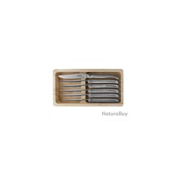 Coffret 6 couteaux table Laguiole G. DAVID, 23 cm, inox, plein manche inox mat, guilloch.