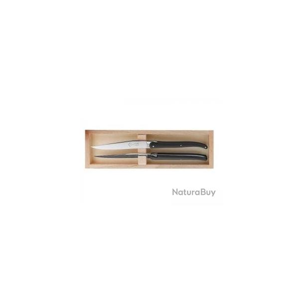 Coffret 2 couteaux table Laguiole G. DAVID, 23 cm, inox, plein manche POM noir.