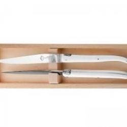 Coffret 2 couteaux table Laguiole G. DAVID, 23 cm, inox, plein manche POM blanc