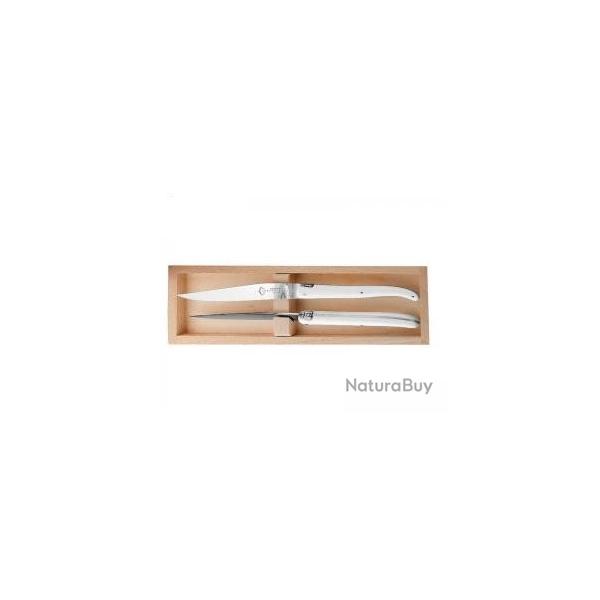 Coffret 2 couteaux table Laguiole G. DAVID, 23 cm, inox, plein manche POM blanc