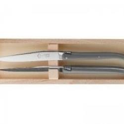 Coffret 2 couteaux table Laguiole G. DAVID, 23 cm, inox, plein manche POM gris