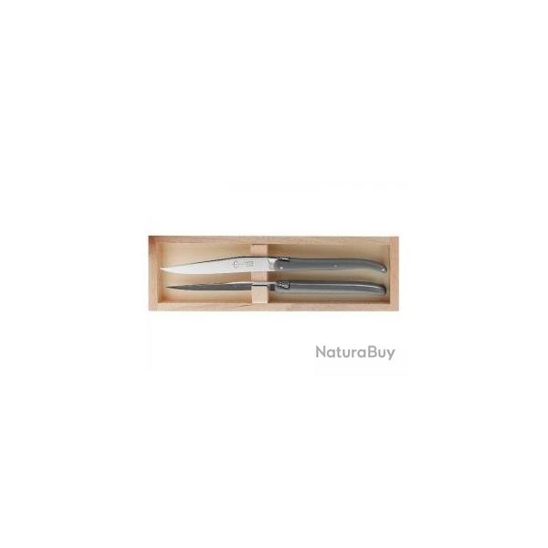 Coffret 2 couteaux table Laguiole G. DAVID, 23 cm, inox, plein manche POM gris