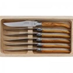 Coffret 6 couteaux table Laguiole G. DAVID, 23 cm, inox, manche olivier, mitre inox mat, guilloché.