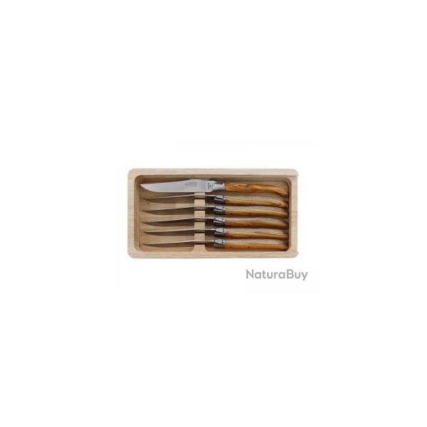 Coffret 6 couteaux table Laguiole G. DAVID, 23 cm, inox, manche olivier, mitre inox mat, guilloch.