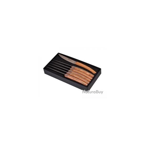 Coffret 6 couteaux table Le Thiers Pirou Brasserie 23 cm acier X46CR13 mat gris manche olivier