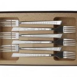 Coffret 6 fourchettes par Roger Orfèvre, 20 cm, tout inox, décors « Maison ».