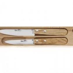 Coffret 2 couteaux office ROGER ORFEVRE lames 8 et 10 cm inox, pointe milieu, manche olivier.