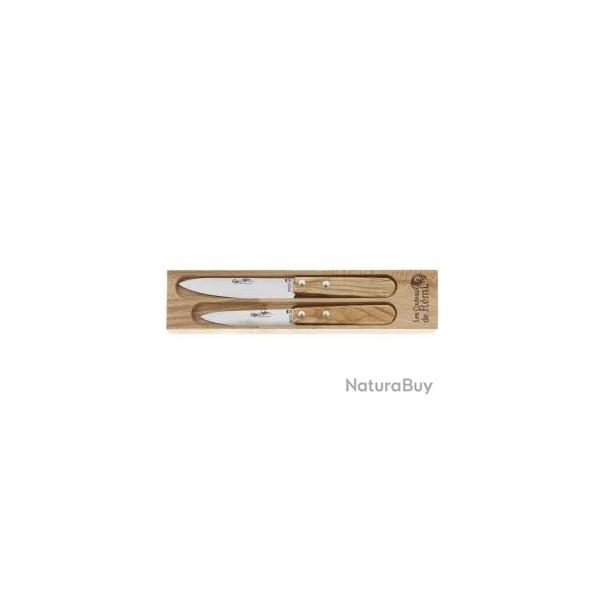 Coffret 2 couteaux office ROGER ORFEVRE lames 8 et 10 cm inox, pointe milieu, manche olivier.