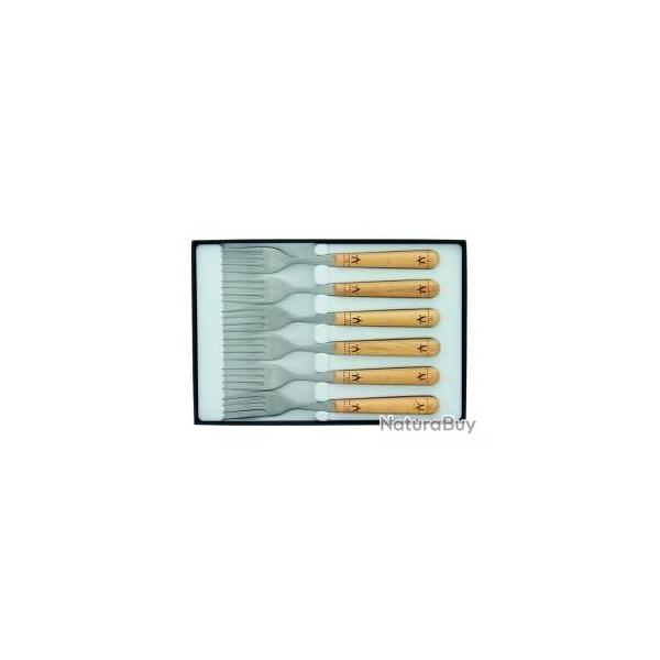 Coffret 6 fourchettes table NONTRON, acier inox T12, 20 cm, manche rond en buis pyrograv.