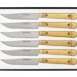 Coffret 6 couteaux table NONTRON, lame yatagan acier inox T12 satiné, 21 cm, manche rond en buis