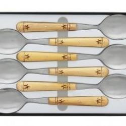 Coffret 6 cuillers table NONTRON, acier inox T12, 20 cm, manche rond en buis pyrogravé.