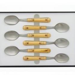 Coffret 6 cuillers à café NONTRON, acier inox T12, 14 cm, manche rond en buis pyrogravé.