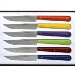Coffret 6 couteaux table NONTRON, lame yatagan acier inox T12 satiné, 21 cm, manche rond coloris