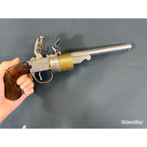 EXTRAORDINAIRE PISTOLET A SILEX  BARILLET PAR HOWE  LONDRES