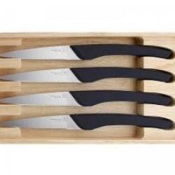 Coffret 4 couteaux steak TB AUGUSTE 22,5 cm lame dentée pleine soie acier inox mat manche ABS noir