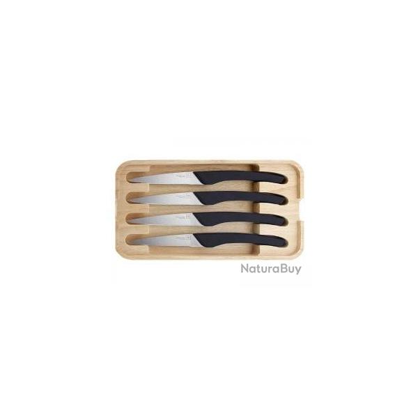 Coffret 4 couteaux steak TB AUGUSTE 22,5 cm lame dente pleine soie acier inox mat manche ABS noir