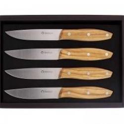 Coffret 4 couteaux steak Maserin « STAKNI », 22 cm, lame lisse acier inox 1.4116, manche olivier