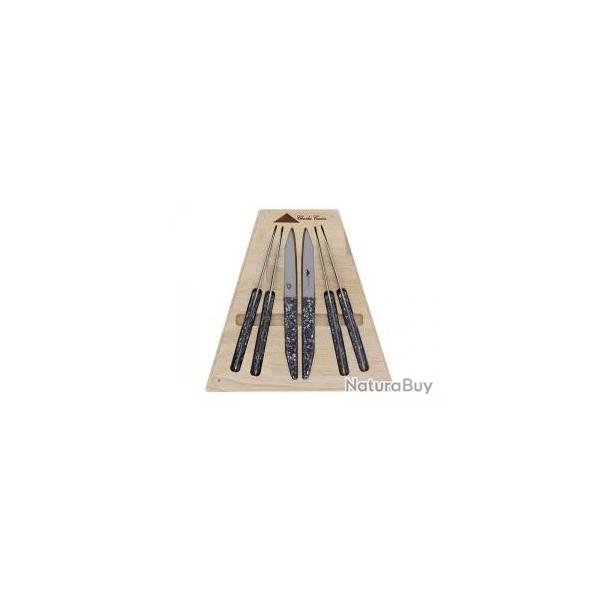 Coffret 6 couteaux de table Charles Canon, 23 cm , lame acier 12C27 mat, manche coquille de moules