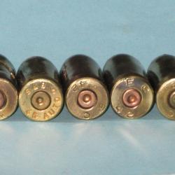 2ème GM, Indochine : Lot de cinq cartouches démilitarisées de .45 ACP / Colt 45 (11,43 mm).