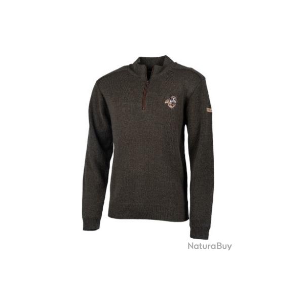 Pull TREELAND col zipp broderie sanglier en laine kaki