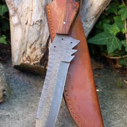 Couteau Skinner Damas Lame Baionnette Acier 256 Couches Manche Bois Etui Cuir Fabr Artisanale