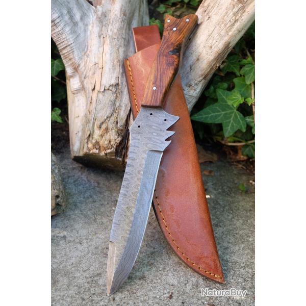 Couteau Skinner Damas Lame Baionnette Acier 256 Couches Manche Bois Etui Cuir Fabr Artisanale