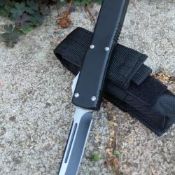 Couteau Automatique OTF Out the Front Lame Drop Point Acier 440 Manche Alu Clip Etui Nylon Tactical