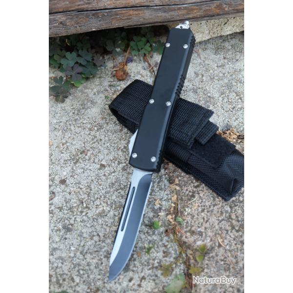 Couteau Automatique OTF Out the Front Lame Drop Point Acier 440 Manche Alu Clip Etui Nylon Tactical