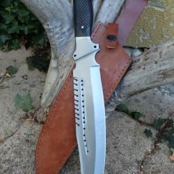 Couteau Tactical Big Bowie Lame Acier Carbone 1055 Poignée Bois Etui Cuir Fab Artisanale Buschraft
