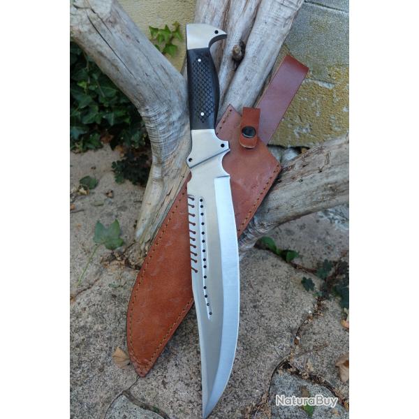 Couteau Tactical Big Bowie Lame Acier Carbone 1055 Poigne Bois Etui Cuir Fab Artisanale Buschraft