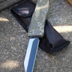 Couteau Automatique OTF Out the Front Tanto Lame Acier 440C Manche FRN Digital Camo Etui Nylon