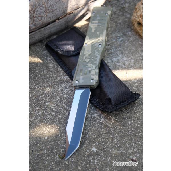 Couteau Automatique OTF Out the Front Tanto Lame Acier 440C Manche FRN Digital Camo Etui Nylon