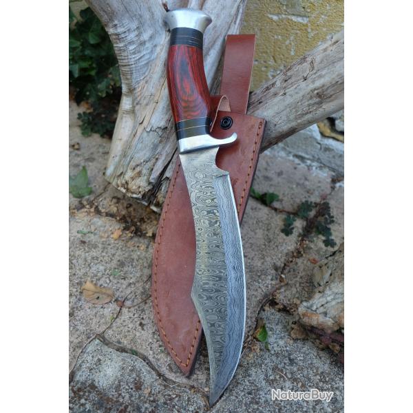 Gros Bowie Couteau de Chasse Damas Lame 256 Couches Clip Point Manche Bois Fab Artisanale Etui Cuir