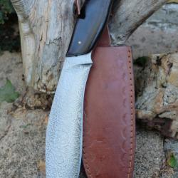 Couteau Bowie Machette Lame Kukkri Acier Carbone 1055 Gravée Manche Bois Etui Cuir Fab Artisanale