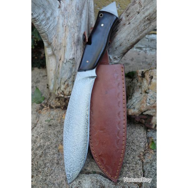 Couteau Bowie Machette Lame Kukkri Acier Carbone 1055 Grave Manche Bois Etui Cuir Fab Artisanale