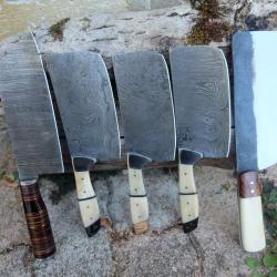 Lot de 5 Couteau de Cuisine Style Nakiri Lame Acier Damas 256 Couches Manche Bois/Os Fabr Artisanale