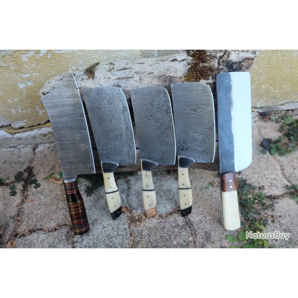 Lot de 5 Couteau de Cuisine Style Nakiri Lame Acier Damas 256 Couches Manche Bois/Os Fabr Artisanale