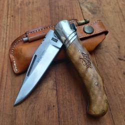 Magnifique Couteau de Chasse LAGUIOLE par RENÉ DAVID Manche en Bois avec Étui en cuir et Aiguiseur