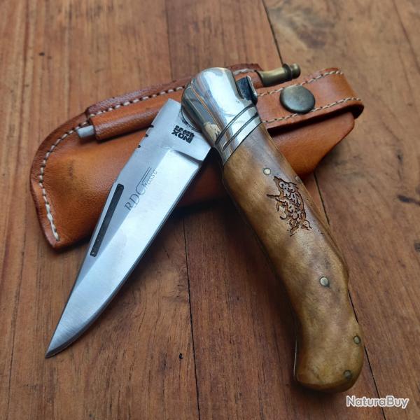Magnifique Couteau de Chasse LAGUIOLE par REN DAVID Manche en Bois avec tui en cuir et Aiguiseur