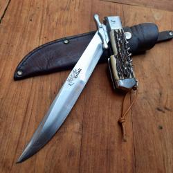 Solide Couteau de Chasse à la d estaing HALLALI par DOURIS CHASTEL avec Tire Bouchon  Étui en cuir
