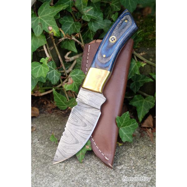 Couteau Skinner Damas Lame Drop Point Acier 256 Couches Manche Bois/Laiton Etui Cuir F Artisanale