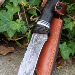 Puukko Couteau Damas Lame 256 Couches Manche Bois Fabric Artisanale Etui Cuir Nordic Style