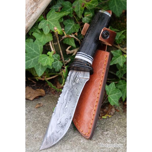 Puukko Couteau Damas Lame 256 Couches Manche Bois Fabric Artisanale Etui Cuir Nordic Style