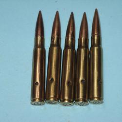Lot de cinq cartouches de 7,92 mm Mauser 2ème GM. Totalement démilitarisées.
