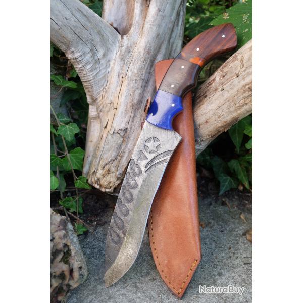 Couteau Big Bowie Damas Lame Drop Point Acier 256 Couches Manche Bois/Rsine Etui Cuir Fabr Artisan